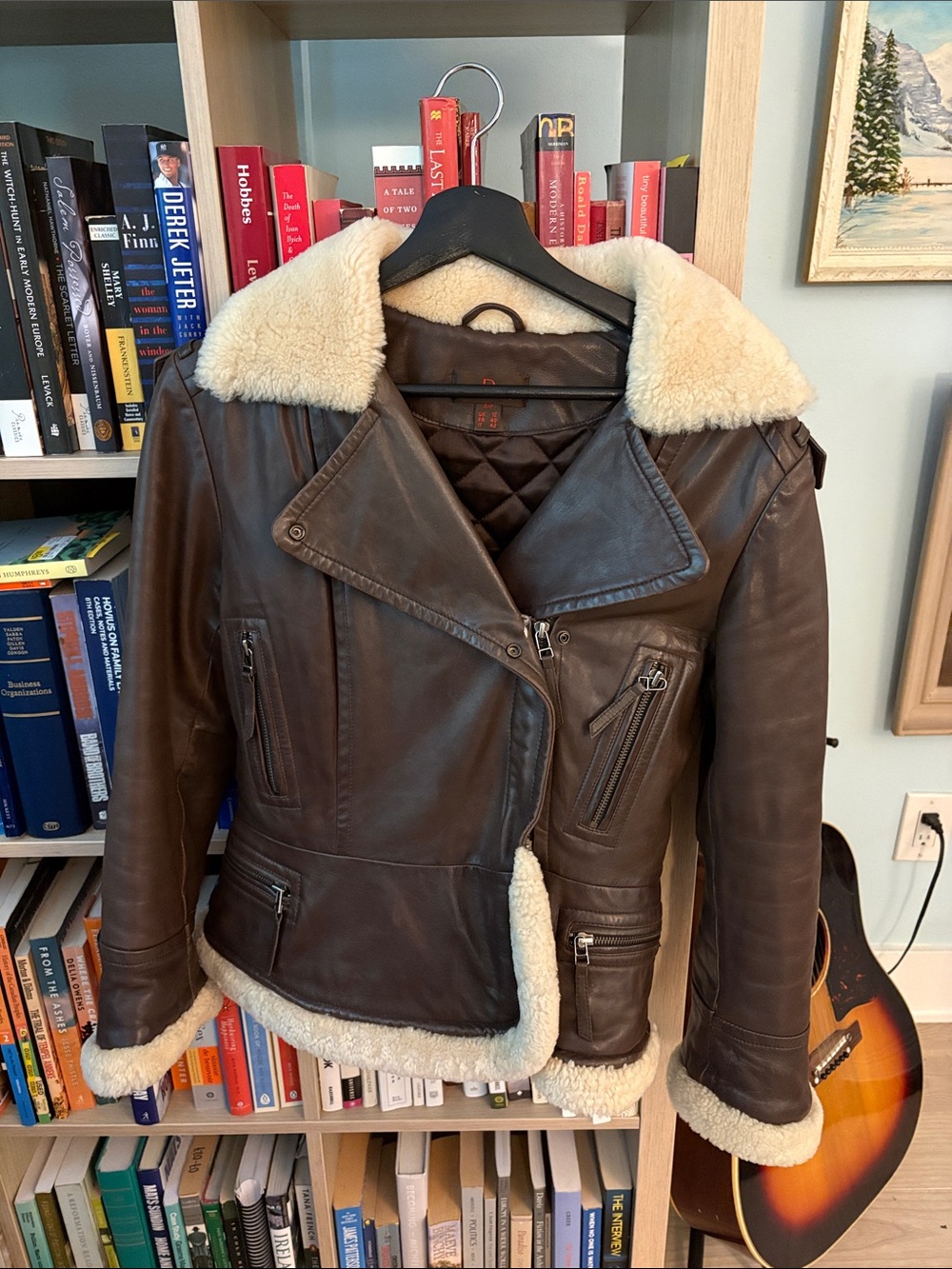 Danier Brown Leather Jacket with Cream Faux Shearling Trim